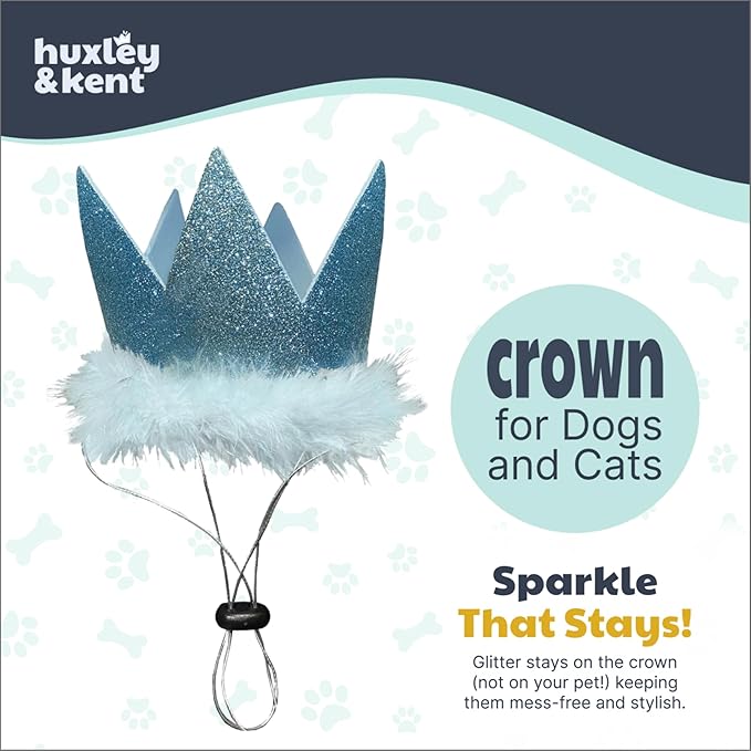 Huxley & Kent Pet Party Crown Hat for Dogs & Cats - Comfortable SnugFit Adjustable Straps - Glitter Crown for Parties, Gotcha Days & Celebrations - Blue, Small