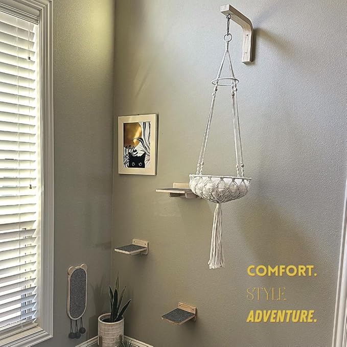 Modern Cat Wall Furniture Set – 5-Piece Hanging Shelves with Macramé Bed, Scratcher & Climbing Steps – Boho Wooden Cat Wall for Indoor Cats