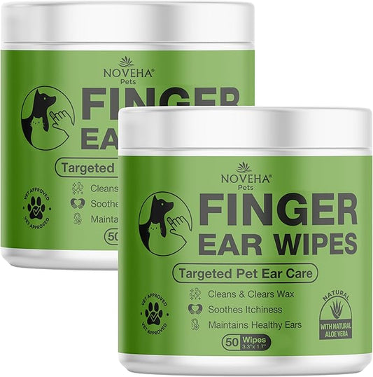 NOVEHA Dog Ear Wipes Finger Glove Fit | Easy Ear Cleaning for Dogs & Puppies, Cats & Kittens | Gentle Pet Ear Cleaner Finger Wipes for Puppy, Kitten & More | Cat & Dog Ear Wash | 2PK - 50ct