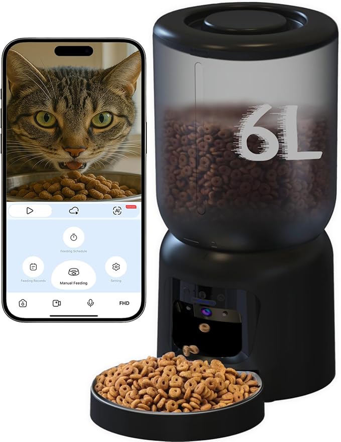 Automatic Cat Feeder with 2K HD Camera, 2.4/5G WiFi 6L Pet Feeder Automatic for Cats & Dogs, Dog Automatic Feeder APP Control, Programmable Cat Food Dispenser with Night Vision,Two-Way Audio (Black)