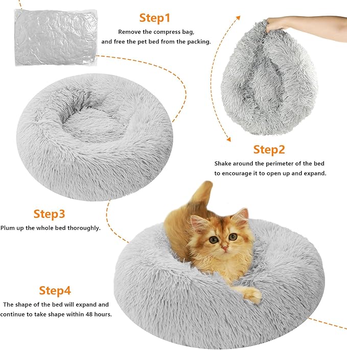 Dog & Cat Bed for Indoor Cats, 21.5 in Calming Donut Bed for Puppy and Kitten, Washable Round Fluffy Pet Bed for Small Medium Dogs and Cats Cotton Faux Fur, Anti-Slip Base (Light Grey)