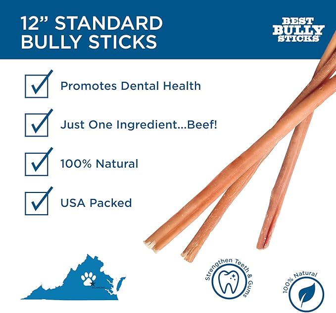 Best Bully Sticks 12 Inch Bully Sticks - 8 oz (Pack of 1) - Natural Grass-Fed, Grain and Rawhide Free, Perfect for Medium or Large Canines