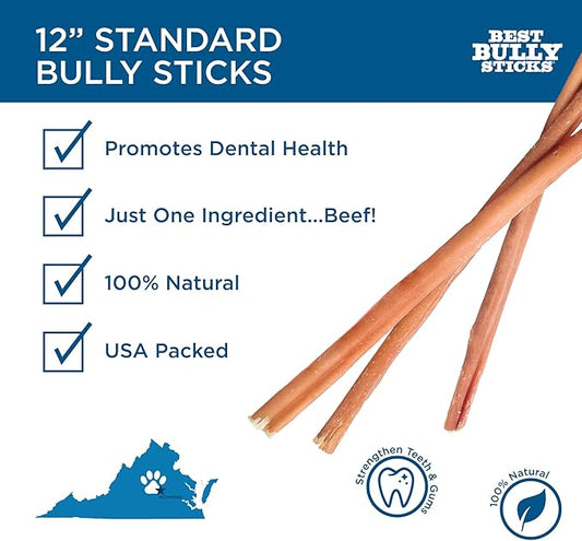 Best Bully Sticks 12 Inch Bully Sticks - 8 oz (Pack of 1) - Natural Grass-Fed, Grain and Rawhide Free, Perfect for Medium or Large Canines