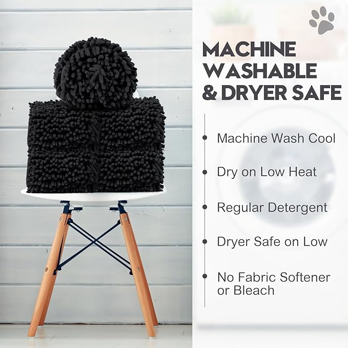 Newwiee 4 Pcs Large Dog Shammy Towel for Drying 32 x 14 in Microfiber Absorbent, Quick Drying Dog Bath Towel with Hand Pocket, Machine Washable for Pet Puppy Cleaning Shower Supplies(Black)