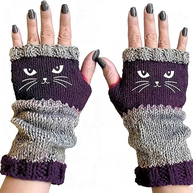 Fingerless Cat Gloves, Cute Cat Embroidery - Cat Embroidery Splicing Knitted Gloves, Warm Casual Women's Glove