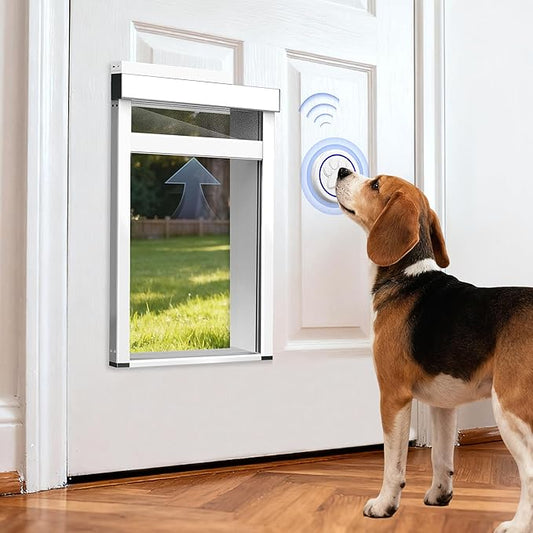 Medium Electronic Dog Door,Pet Automatic Door Smart Aluminum Dog Door with Dogbell Activated Auto Lift, Lockable Weatherproof Telescoping Tunnel for Pets(Pets Up to 40 Lb)