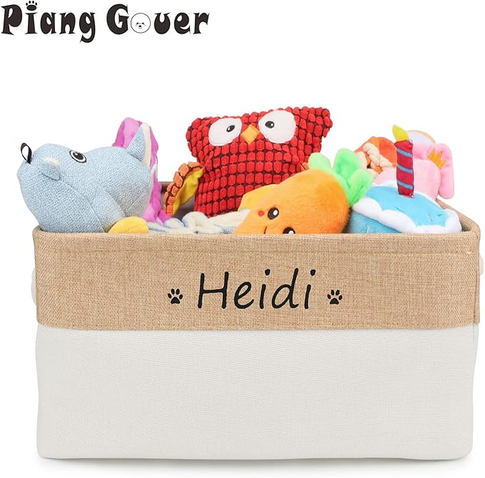 Dog Toy Box Storage Basket Bin with Personalized Custom Pet's Name Collapsible Rectangular Storage Bag For Organizing Dogs cat Clothes，Shoes，Pet Accessories (Beige, L)