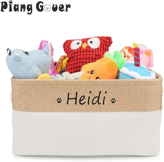 Dog Toy Box Storage Basket Bin with Personalized Custom Pet's Name Collapsible Rectangular Storage Bag For Organizing Dogs cat Clothes，Shoes，Pet Accessories (Beige, M)