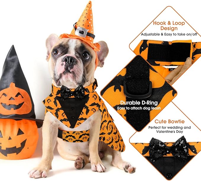Kuoser Dog Tuxedo Suit and Bandana Set, Bat Pumpkin Print Dogs Halloween Outfit Adjustable Dog Halloween Costume with Bow Tie for Large Medium Small Dogs Golden Retriever Samo Bulldogs, Orange L
