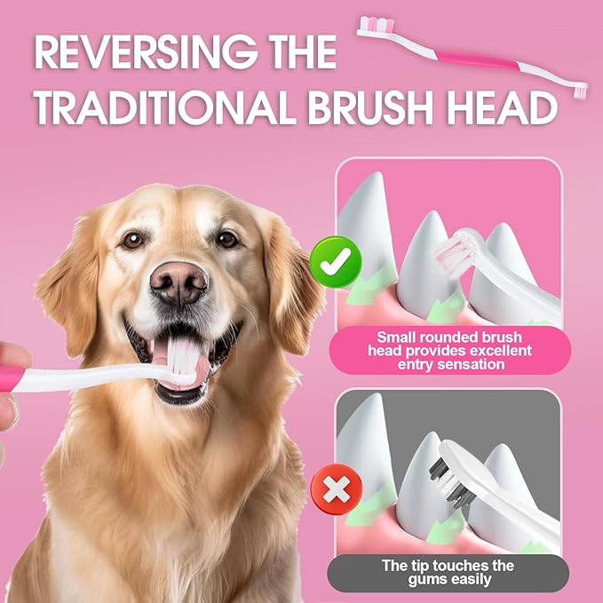Dog Toothbrush – Newly Upgraded Dual-Head Design with 60° Wavy Bristles – Gently Surrounds Teeth for Deep Cleaning and Plaque Removal – Non-Slip Handle, Ideal for Daily Pet Dental Care (Pink, 2-Pack)