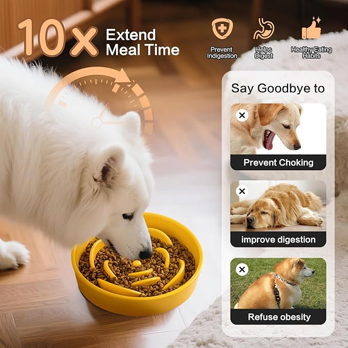 8.25'' Ceramic Slow Feeder Dog Bowls - Petal Shape Modern Dog Food Dish for Medium and Large Breeds, Puzzle Maze Bowl to Slow Down Eating, Anti-Gulping, Dishwasher & Microwave Safe, Yellow