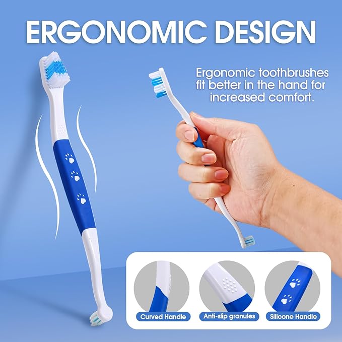 Dog Toothbrush – Newly Upgraded Dual-Head Design with 60° Wavy Bristles – Gently Surrounds Teeth for Deep Cleaning and Plaque Removal – Non-Slip Handle, Ideal for Daily Pet Dental Care (Blue, 6-Pack)