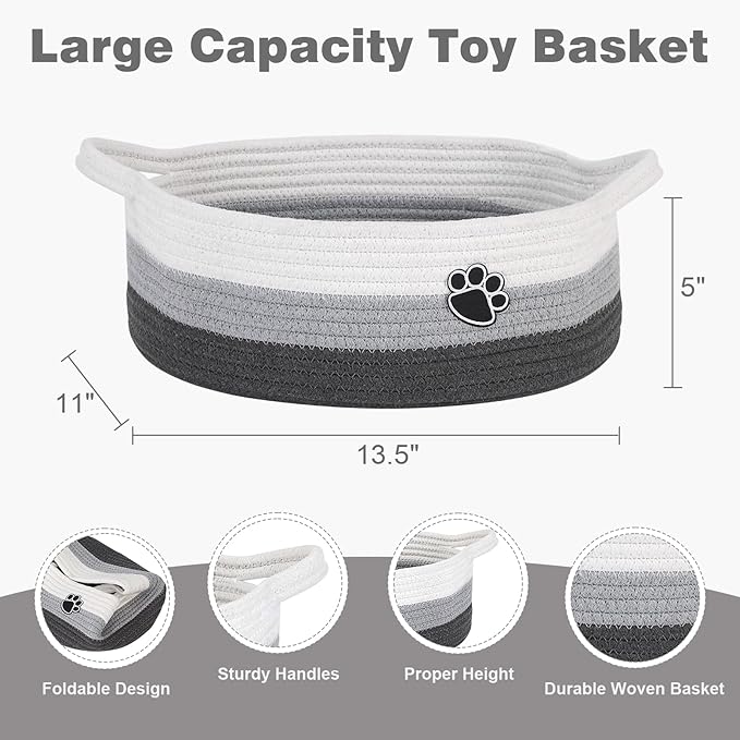 Dog Toy Basket, Toy Box and Bin for Dog Cat Storage, 13.5" X 11" X 5" Small Woven Rope Basket for Baby Storage, Closet, Living Room, White & Grey