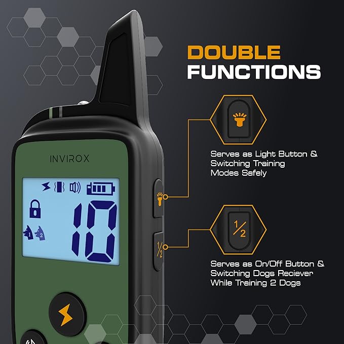 INVIROX Training Collar for Large Dog X2 [Spark K9] 124 Levels with Remote 1100yd Range, Night-Light Mode for Medium Dogs IP67 Waterproof Training Collar for Dogs