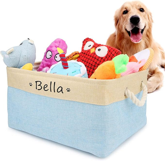 Dog Toy Box Storage Basket Bin with Personalized Custom Pet's Name Collapsible Rectangular Storage Bag For Organizing Dogs cat Clothes，Shoes，Pet Accessories (Light blue, M)