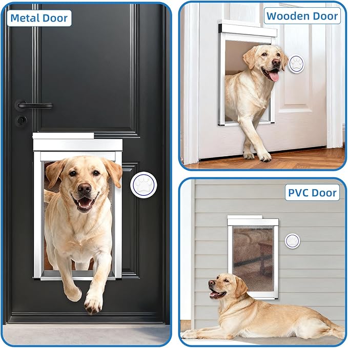 Extra-Large Electronic Dog Door,Pet Automatic Door Smart Aluminum Dog Door with Dogbell Activated Auto Lift, Lockable Weatherproof Telescoping Tunnel for Pets (XXL)