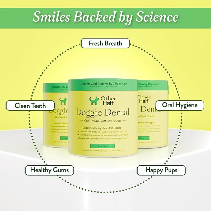 OTHER HALF Doggie Dental Supplement Powder - Dog Breath Freshener & Teeth Cleaning Made Easy - Oral Health Postbiotic for Dogs - Targets Tartar, Plaque & Bad Breath | 45 Scoops, Bacon Flavor