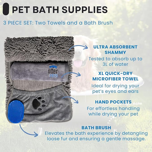 3 Piece Set: 2 Dog Towels and Dog Bath Brush. Dog Shammy and Microfiber Dog Towel. Super Absorbent Towels, Dog Bath Supplies, Dog Scrubber for Bath