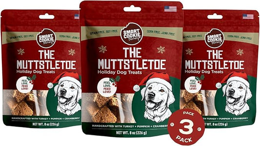 Smart Cookie Muttstletoe Holiday Dog Treats - Turkey, Pumpkin and Cranberry Christmas Dog Treats - Healthy, All Natural, Grain Free, Human-Grade - Made in USA - 8oz (3 Pack)