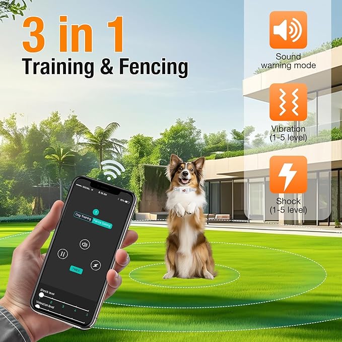 GPS + Wireless Dog Fence & Training Collar – No Subscription, App Geo-Fence 3280ft, 60-164ft Bluetooth Training, 3 Correction Modes, Auto Sleep/Wake, 7-Day Battery, 3-Dog Support