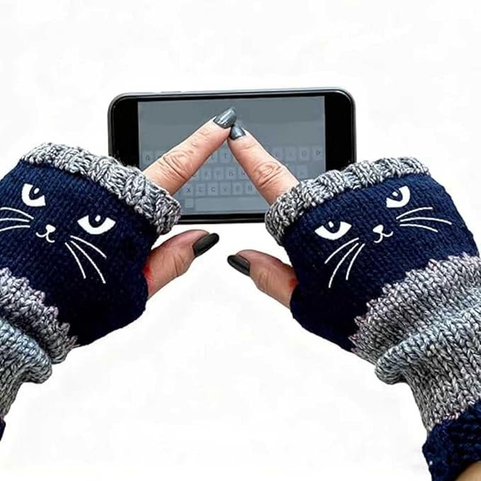 Fingerless Cat Gloves, Cute Cat Embroidery - Cat Embroidery Splicing Knitted Gloves, Warm Casual Women's Glove