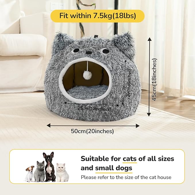 CATISM Cat Bed, Cat Beds for Indoor Cats - Kitten Bed Cave Washable, Soft Plush Hooded, Removable Pillow, Non-Slip Base, Large Cave for Kitty