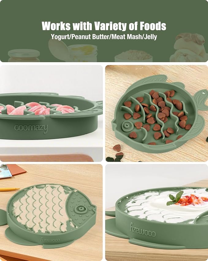Coomazy 2-in-1 Silicone Slow Feeder Dog Cat Bowls, Lick Mat Interactive Puzzle Toy for Pets Dry/Wet Food Training, Keeps Dogs Cats Busy, Prevents Puppy Kitty Overeating (Avocado, 1.2 Cup)