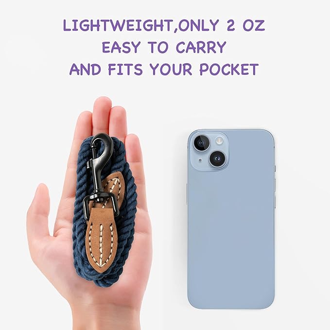 Mile High Life Dog Leash, Braided Cotton Rope Leashes with Leather Tip - Heavy Duty Metal Clasp, 4FT, 1/3" Thick - Wedding, Walking Leash for Small Medium Puppy(Navy)