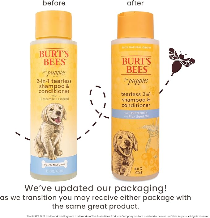 Burt's Bees for Pets Puppies Naturally Derived Tearless 2 in 1 Shampoo and Conditioner - Made with Buttermilk and Linseed Oil - Best Tearless Puppy Shampoo for Gentle Skin, 16 Oz - 2 Pack