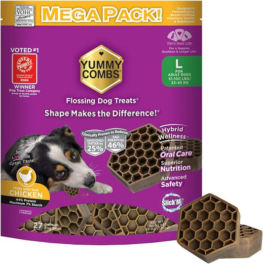 Yummy Combs Dog Dental Treats – Vet VOHC Approved – Delicious Chicken Protein – Removes Tartar with Cleaning Comb Shape – Dental Dog Treats for Large Dogs (36oz, 27 Count)