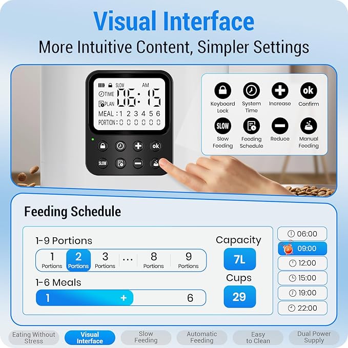 Timed Automatic Cat Feeder 2 Cats with Slow Feed: Dual Automatic Dog Feeder with Information Visualization, Programmable Cat Food Dispenser for Multiple Pets,Detachable for Easy Clean-29 Cup