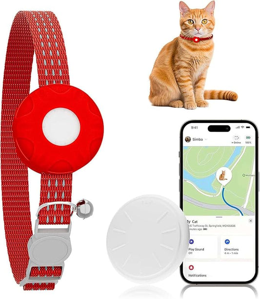 Smart Cat GPS Tracker, Cat Tracker Compatible with Apple Find My App (Only iOS), No Monthly Fee, Waterproof (White Tracker, Red Cat Collar)