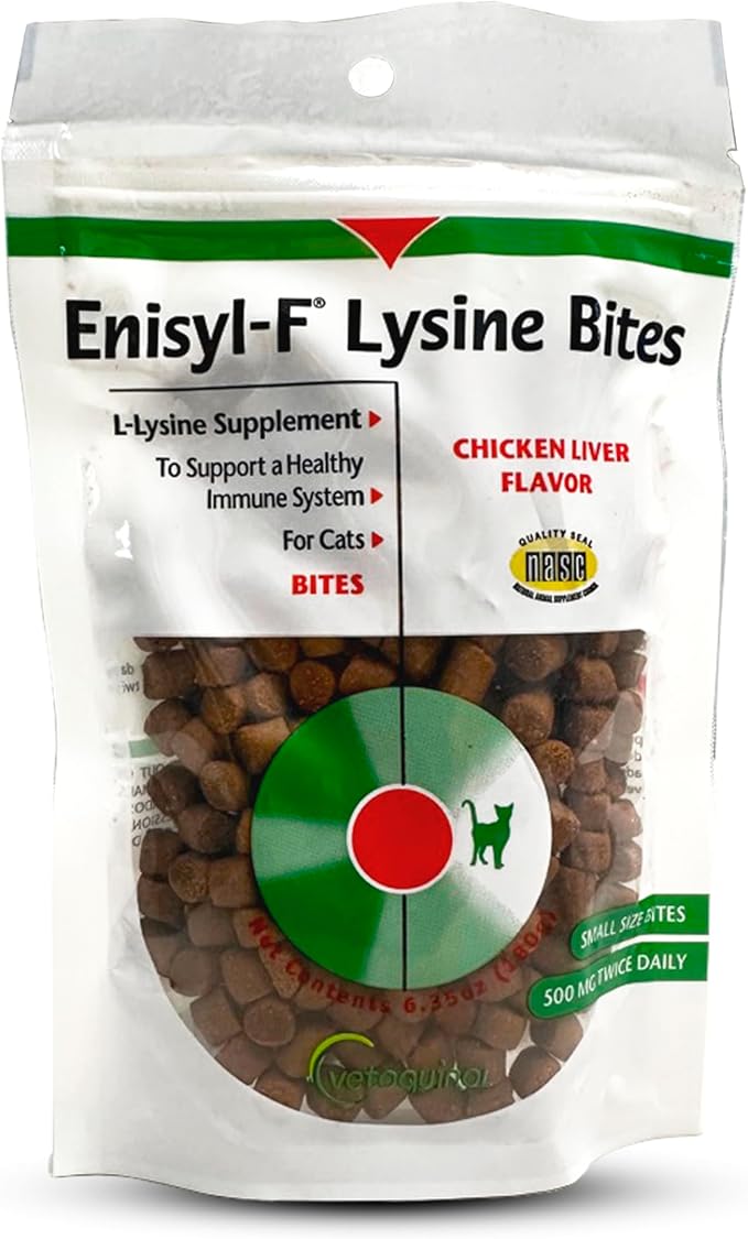 Vetoquinol Enisyl-F Lysine Bites: L-Lysine Chews for Cats & Kittens - Chicken Liver-Flavor, 6.4oz (180g) Recloseable Bag