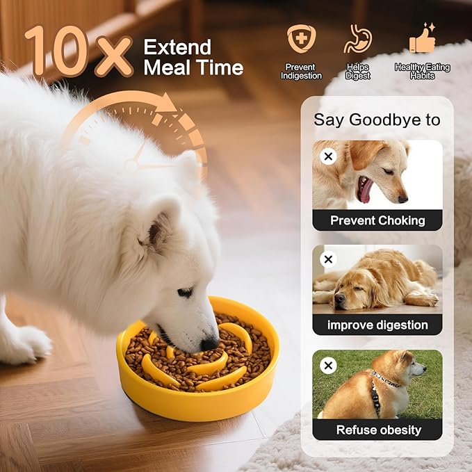 6'' Ceramic Slow Feeder Dog Bowls - Petal Shape Modern Dog Food Dish for Cats and Small Breed Dogs, Puzzle Maze Bowl to Slow Down Eating, Anti-Gulping, Dishwasher & Microwave Safe, Yellow