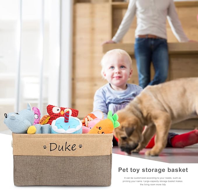 Dog Toy Box Storage Basket Bin with Personalized Custom Pet's Name Collapsible Rectangular Storage Bag For Organizing Dogs cat Clothes，Shoes，Pet Accessories (Coffee, M)
