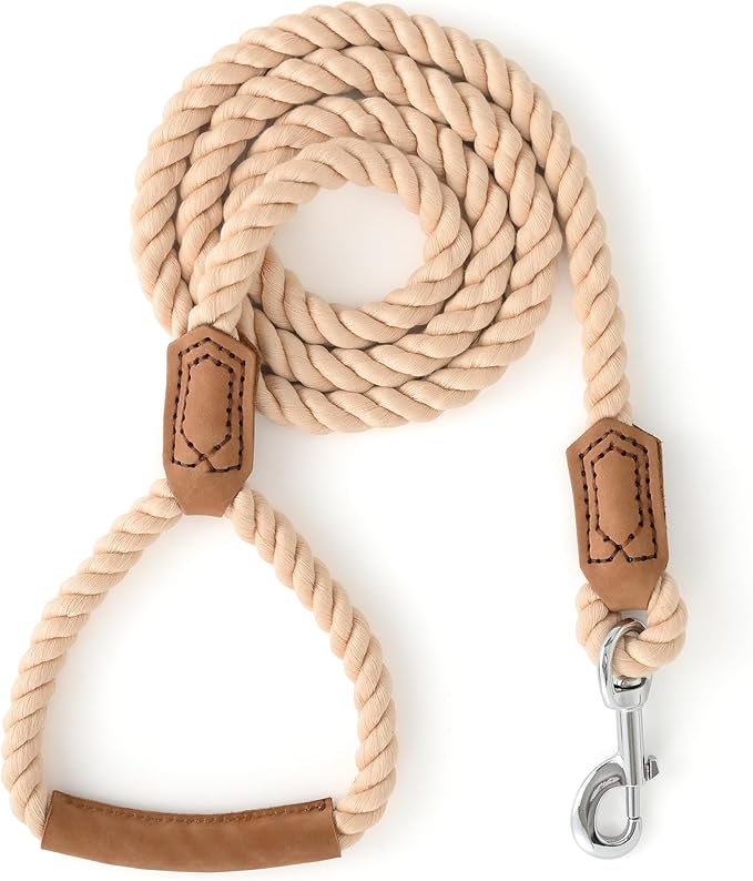 Mile High Life Dog Leash, Braided Cotton Rope Leashes with Leather Handle - Heavy Duty Metal Clasp, 4FT, 1/2" Thick - Wedding, Walking & Training Leash for Small Medium Large Dogs (Light Brown)