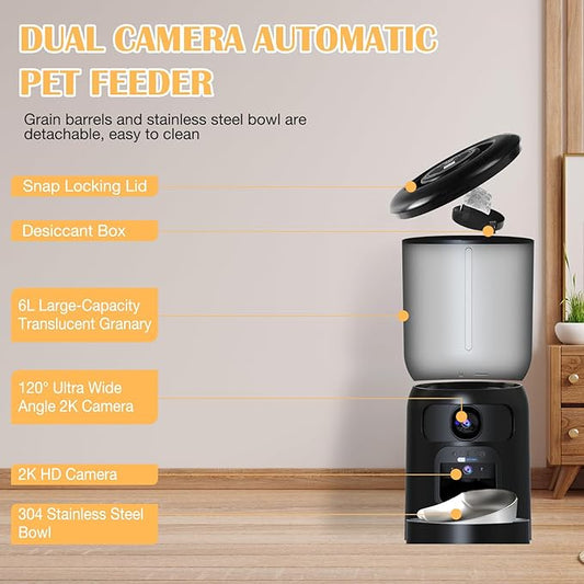 Automatic Cat Feeder with 2K HD Dual Cameras, 2.4/5G WiFi 6L Feeder, Pet Feeder Automatic for Cats & Dogs, Cat Food Dispenser with Cameras, Laser Interactive Toy & Night Vision(Black-Dual Cameras)