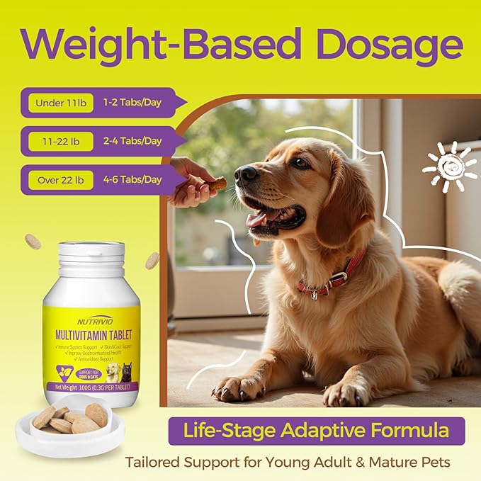 Dog Multivitamin Chewable Cat & Dog Vitamins and Supplements for Hip & Joints, Skin & Coat, Omega 3 Fish Oil for Dogs Tablets for Dogs & Cats, Vitamins- Immune Support 0.3g Per Tablet (100g)