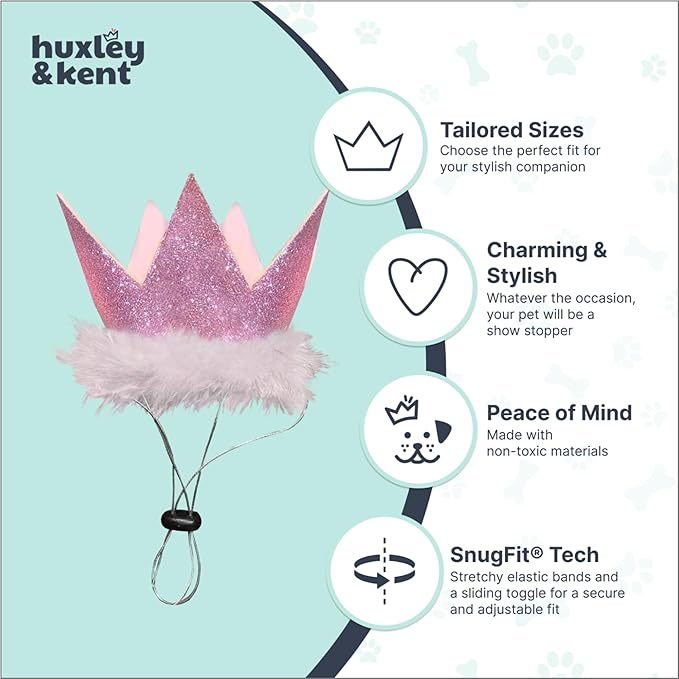 Huxley & Kent Pet Party Crown – SnugFit Glitter Hat for Dogs & Cats – Party Wear with Adjustable Straps – Pink, Small
