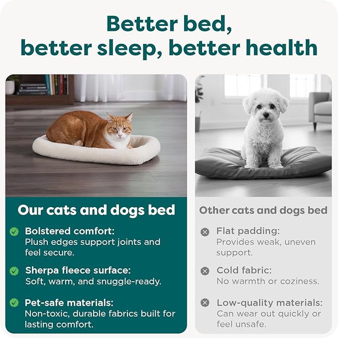 FurHaven Dog Bed for Extra Small Dogs & Cats, Bolster Crate Pad with Soft Supportive Base for Carriers & Kennels, Machine Washable, Extra Small, Sherpa Fleece, Cream