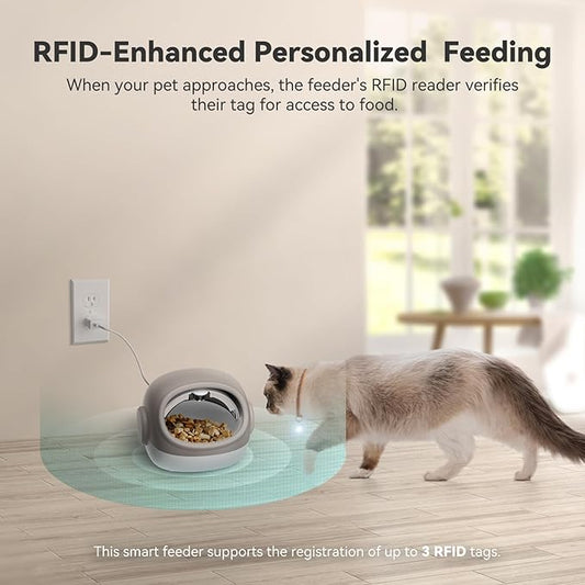 Upgraded RFID Feeder with Collar Sensor – Automatic Portion Control, 4 Feeding Modes, Anti-Theft Cat Feeder for Multi-Cat Homes & Special Diets (Beige)