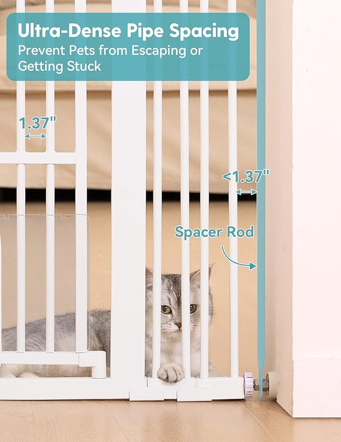 No Pawblems 55" Extra Tall Pet Gate with Adjustable Cat Door, 29-43" Auto Close Tall Dog Gate, NO Drilling Pressure Mounted for Doorways/Hallways, 1.37" Narrow Bar Spacing, White