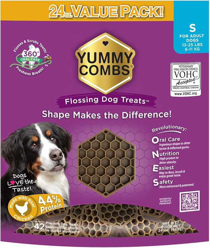 Yummy Combs Dog Dental Treats – Vet VOHC Approved – Delicious Chicken Protein – Removes Tartar with Cleaning Comb Shape – Dental Dog Treats for Small Dogs (24oz, 42 Count)