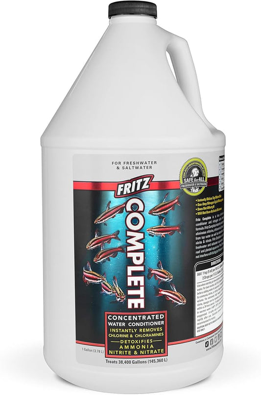Fritz Complete – Concentrated Water Conditioner/Tap Water Dechlorinator, Instantly Detoxifies Chlorine, Chloramines, Heavy Metals, Ammonia, Nitrite/Nitrates, for Fresh and Saltwater (1 gal)