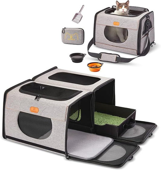 IC ICREATE.X Large Cat Carrier with Litter Box for Car Travel, Pet Carrier Bag 2-in-1，Double Cat Travel Transport Carrier for Long Distance, Collapsible Dog Crate, Cat Bag for Kitten 2 Cats