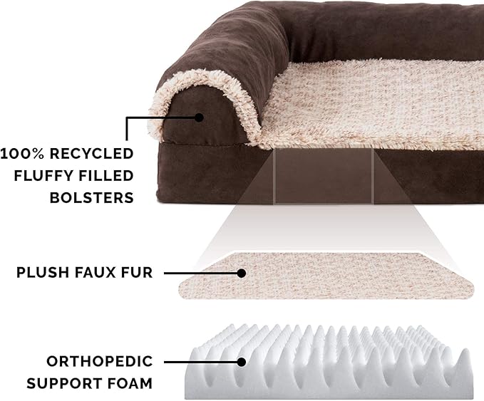FurHaven Orthopedic Dog Bed & goDog Toy - Squeaky Plush Dino with Chew Guard Technology for Large Dogs - Two-Tone Plush Faux Fur & Suede L Shaped Chaise - Espresso, Jumbo/XL