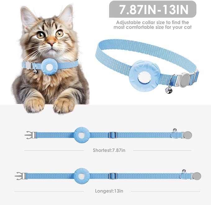 Cat GPS Tracker, Cat Tracker Compatible with Apple Find My App (Only iOS), No Monthly Fee, Waterproof, Breakaway Collar Included, Up to 1 Year Battery (White Tracker, Blue Cat Collar)