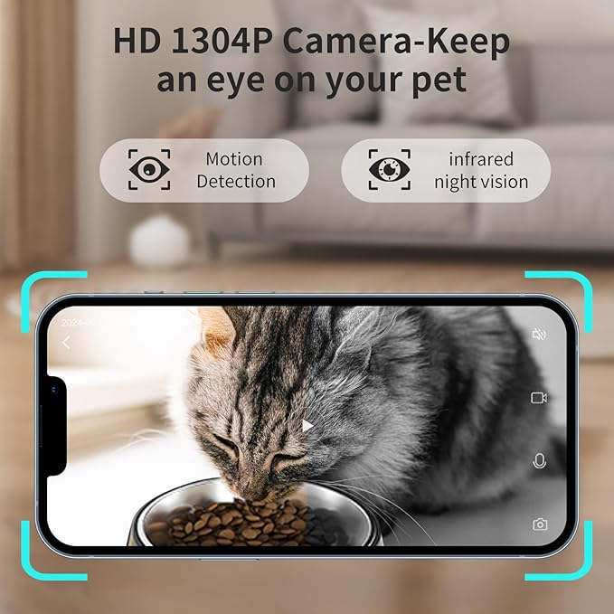 Lychee Automatic Cat Feeder with Camera, 5G WiFi Pet Feeder, 1304P HD Video with Night Vision,2-Way Audio Smart App Control, 4L Dry Food Dispenser for Cats and Samll Dog