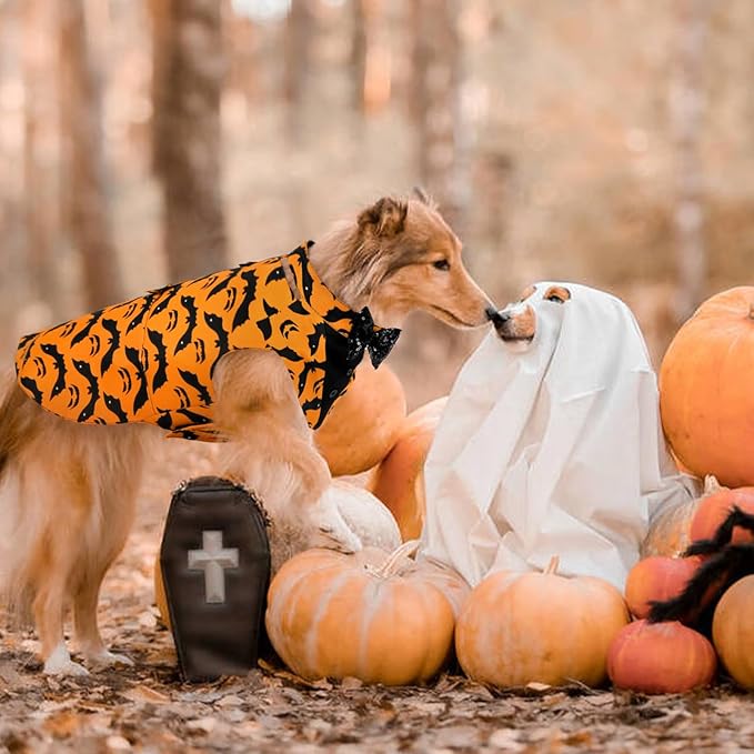 Kuoser Dog Tuxedo Suit and Bandana Set, Bat Pumpkin Print Dogs Halloween Outfit Adjustable Dog Halloween Costume with Bow Tie for Large Medium Small Dogs Golden Retriever Samo Bulldogs, Orange 2XL