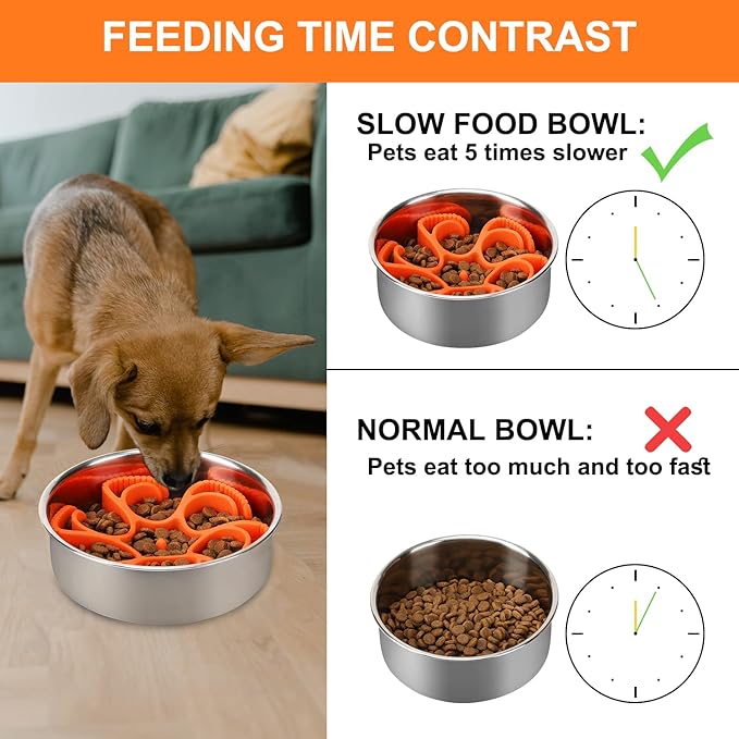 Dog Slow Feeder Bowls Silicone Spiral Pet Food Feeder Insert to Slow Down Eating for Large Medium Small Breed Dogs Perfect with Stainless Steel Glass Ceramic Pet Bowls (Orange)